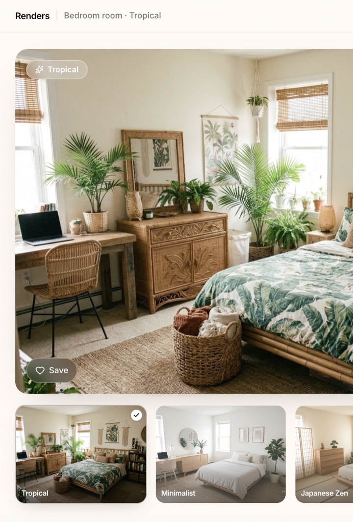 Step three — the photoreal AI redesign of the same room appears in seconds