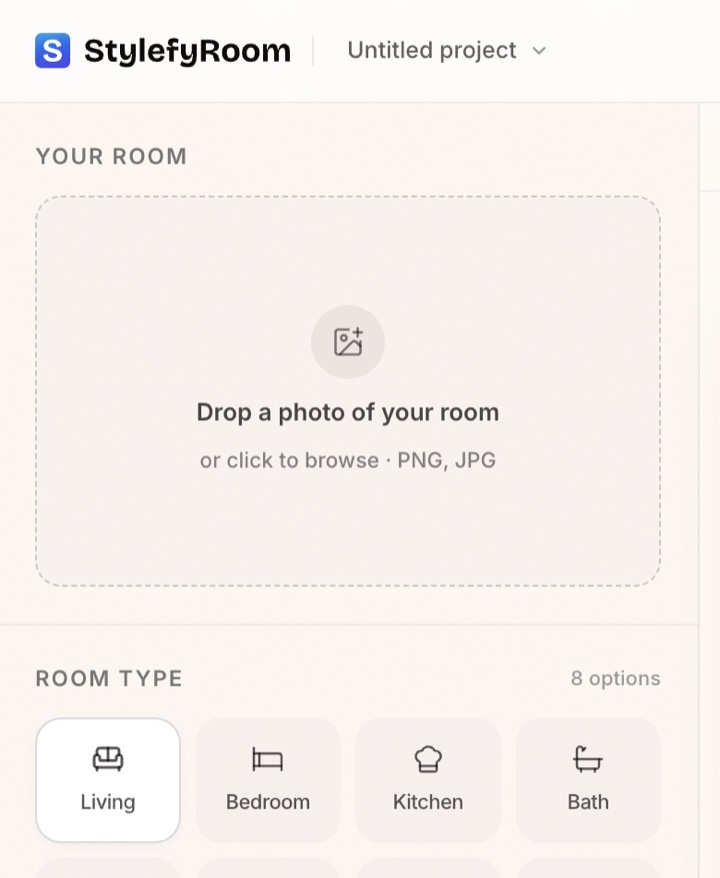 Step one — drop a phone photo of your room into the StylefyRoom uploader