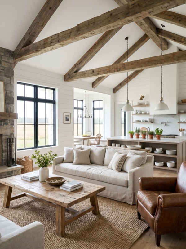 Farmhouse interior design style — example room rendered by StylefyRoom