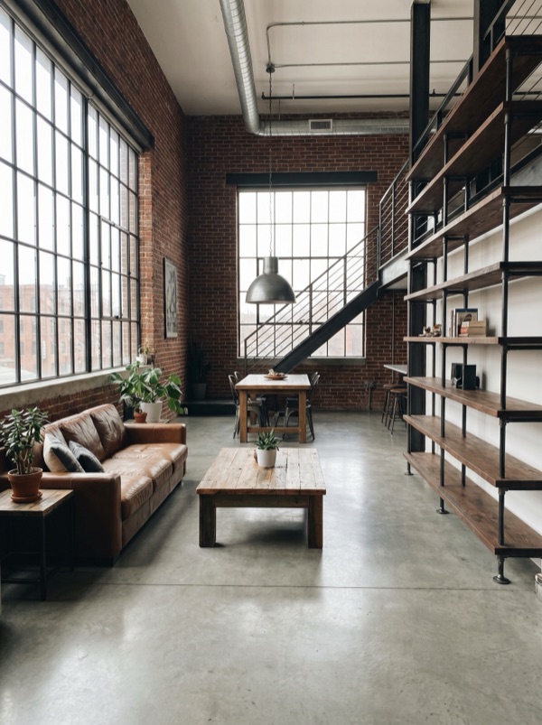 Industrial interior design style — example room rendered by StylefyRoom