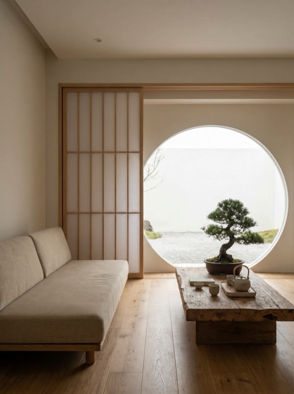 Japanese Zen interior design style — example room rendered by StylefyRoom