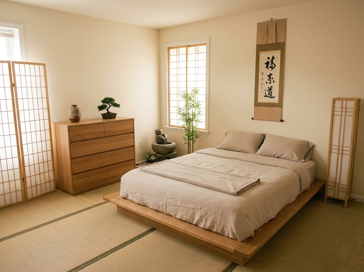 The same room restyled by AI in a Japanese Zen interior design style