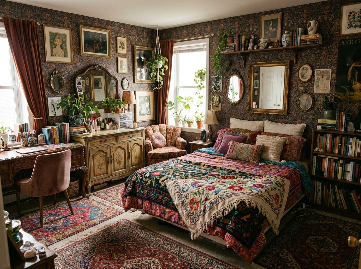 The same room restyled by AI in a Maximalist interior design style