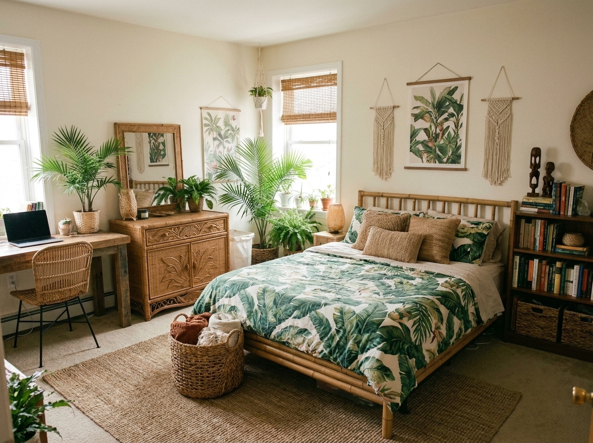 The same room restyled by AI in a Tropical interior design style
